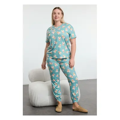 Trendyol Curve Mint Teddy Bear Patterned Jogger Fit Knitted Pajama Set