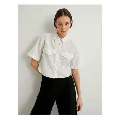 Koton Crop Shirt Short Sleeve Pocket Detailed Buttoned Linen Blend