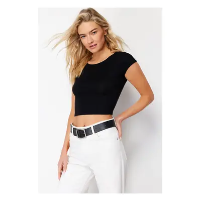 Trendyol Black Crew Neck Moon Sleeve Crop Knitted Blouse