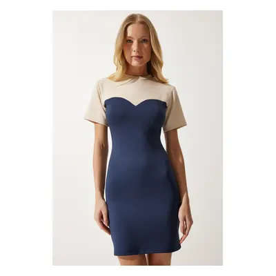 Happiness İstanbul Women's Cream Navy Color Block Wrap Mini Knitted Dress