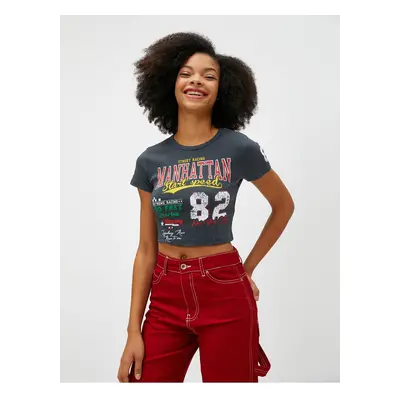 Koton Crop T-Shirt Printed Short Sleeve Crew Neck Cotton