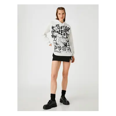 Koton Oversize Printed Hooded Sweatshirt Fleece Inner