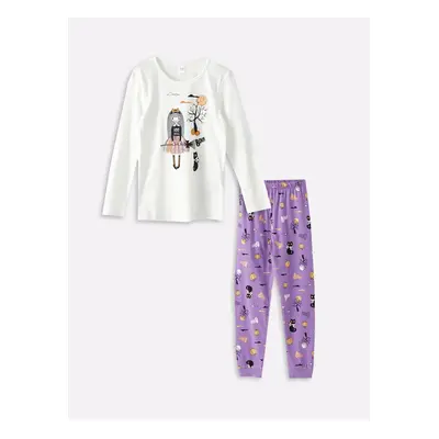 LC Waikiki Crew Neck Printed Long Sleeve Girl's Pajama Set