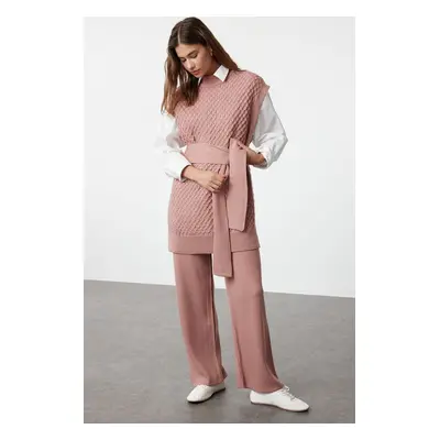 Trendyol Dusty Rose Belted Brass Knitted Sweater-Pants Knitwear Bottom-Top Set