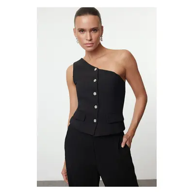 Trendyol Black Stone Button Detailed Single Shoulder Lined Woven Vest