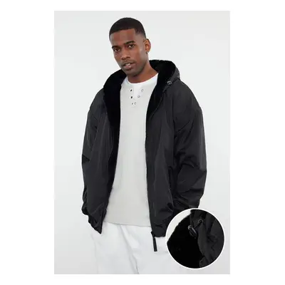 Trendyol Unisex Black Plush Double-Sided Hooded Winter Coat