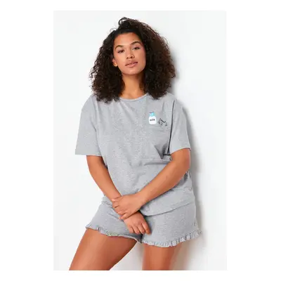 Trendyol Curve Gray Cat Printed Knitted Pajama Set