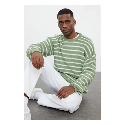 Trendyol Light Green Casual Unisex Oversize Crew Neck Striped Knitwear Sweater