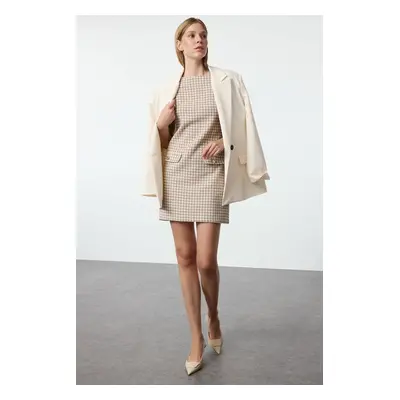 Trendyol Cream Houndstooth Straight Cut Button Detailed Tweed Woven Dress