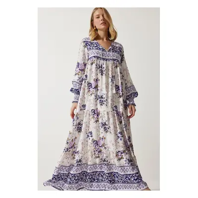 Happiness İstanbul Women's Lilac Patterned Oversize Long Viscose Dress