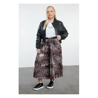 Trendyol Curve Multi-Colored Elastic Waist Leopard Patterned Pleated Woven Plus Size Skirt