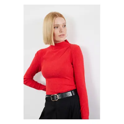 Trendyol Red Premium Yarn/Special Yarn Stand Collar Knitwear Sweater