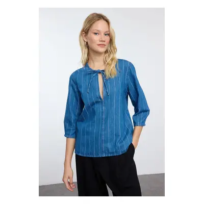 Trendyol Blue Striped Tie-Down Denim Shirt