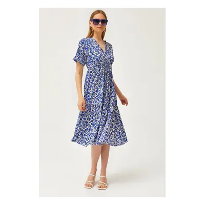 Olalook Women's Daisy Saks Blue Elastic Waist Double Breasted Collar Patterned Dress