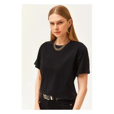 Olalook Women's Black Crew Neck Basic T-Shirt