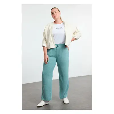 Trendyol Curve Green Wide Leg High Waist Textured Knit Plus Size Trousers