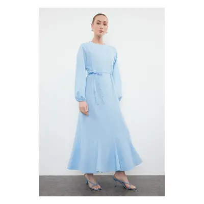 Trendyol Blue Knitted Belted Woven Cotton Dress