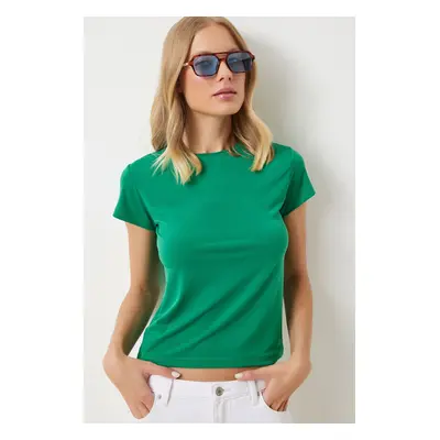 Happiness İstanbul Women's Dark Green Crew Neck Basic Sandy T-Shirt