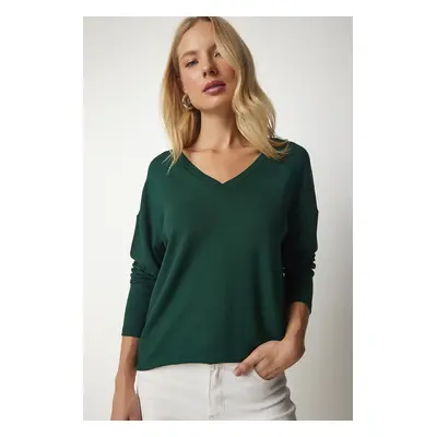 Happiness İstanbul Women's Emerald Green V-Neck Knitwear Blouse