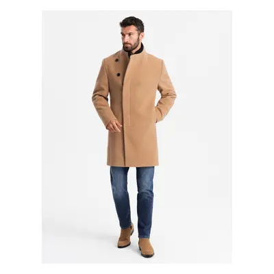 Ombre Men's coat with asymmetrical fastening and high collar - light brown