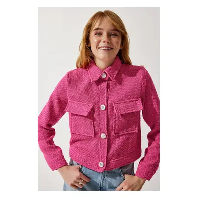 Happiness İstanbul Women's Pink Stylish Buttoned Woven Tweed Jacket