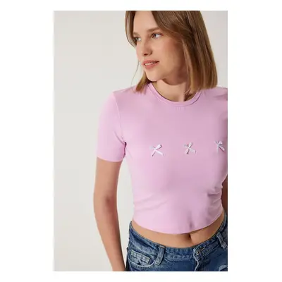 Happiness İstanbul Women's Pink Bow Detailed Crop T-Shirt