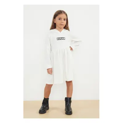 Trendyol Ecru Girl Seasonal-Thin Slogan Patterned Hooded Cotton Knitted Dress