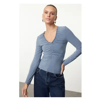 Trendyol Indigo Ruffle/Drape Detailed V-Neck Fitted Flexible Knitted Blouse