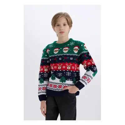 DEFACTO Boy's New Year's Themed Crew Neck Knitted Sweater