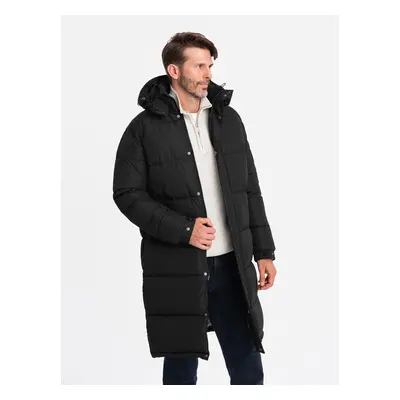 Ombre Men's quilted long jacket with detachable hood - black