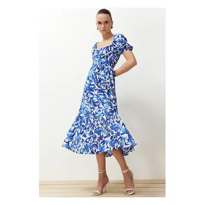 Trendyol Blue Floral Skater Gown Neck Detailed Shally Midi Woven Dress