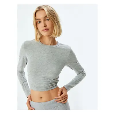 Koton Long Sleeve Crop T-Shirt Drape Detailed Crew Neck Slim Fit