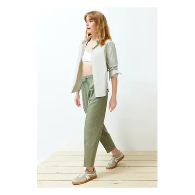 Trendyol Khaki Elastic Waist Pull On Linen Blend Woven Trousers