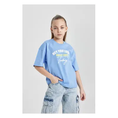 DEFACTO Girl Oversize Fit Crew Neck Printed Short Sleeve T-Shirt