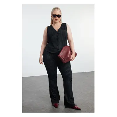 Trendyol Curve Black High Waist Wide Leg Striped Flare Knit Plus Size Trousers