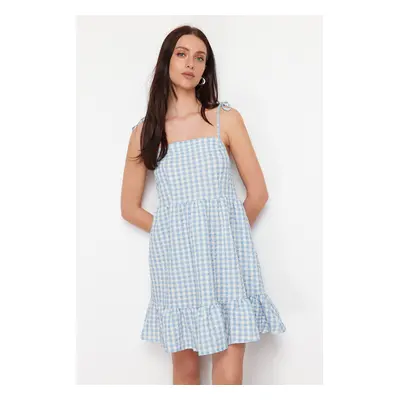 Trendyol Blue Checked Straight Cut Ruffle Mini Woven Dress