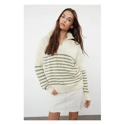 Trendyol Cream Wide Pattern Zippered Knitwear Sweater