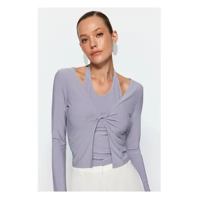 Trendyol Gray Cut Out Detail Fitted Stretch Knitted Blouse