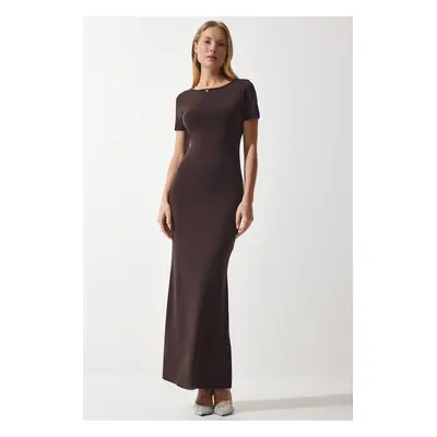 Happiness İstanbul Women's Brown Decollete Long Sandy Knitted Dress