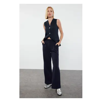 Trendyol Dark Navy High Waist Wide Leg Pleated Woven Fabric Trousers