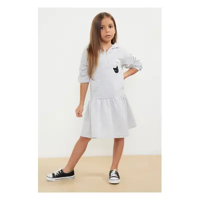 Trendyol Gray Melange Girl Seasonal-Thin Kangaroo Pocket Hooded Cotton Knitted Dress