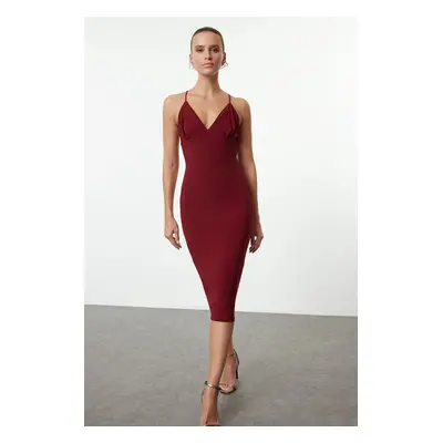 Trendyol Burgundy Fitted Knitted Elegant Evening Dress