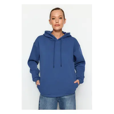 Trendyol Indigo Thick Inside Fleece Pocket Detailed Hooded Regular/Normal Fit Knitted Sweatshirt