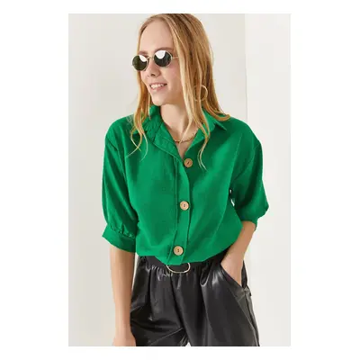 Olalook Women's Grass Green Wooden Buttoned Three Quarter Sleeve Linen Shirt