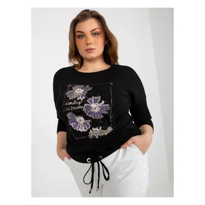 Dámská halenka plus size s 3/4 rukávy a potiskem - černá