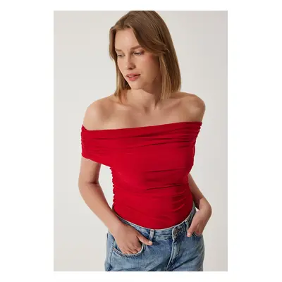 Happiness İstanbul Women's Red Gathered Open Shoulder Sandy Blouse