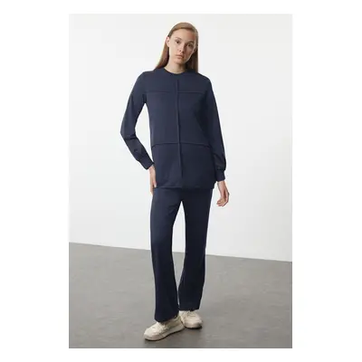 Trendyol Navy Blue Ribbed Oversize Knitted Bottom-Top Set