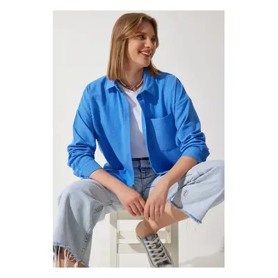 Happiness İstanbul Women's Blue Oversize Linen Ayrobin Shirt