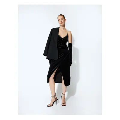 Koton Velvet Dress Glittery Midi Length Slit Detailed Straped V Neck Draped