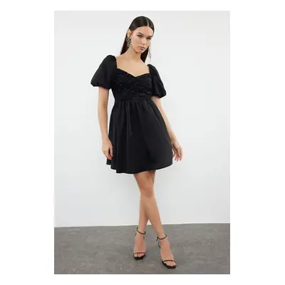 Trendyol Black A-Cut Pearl Detailed Woven Short Elegant Evening Dress